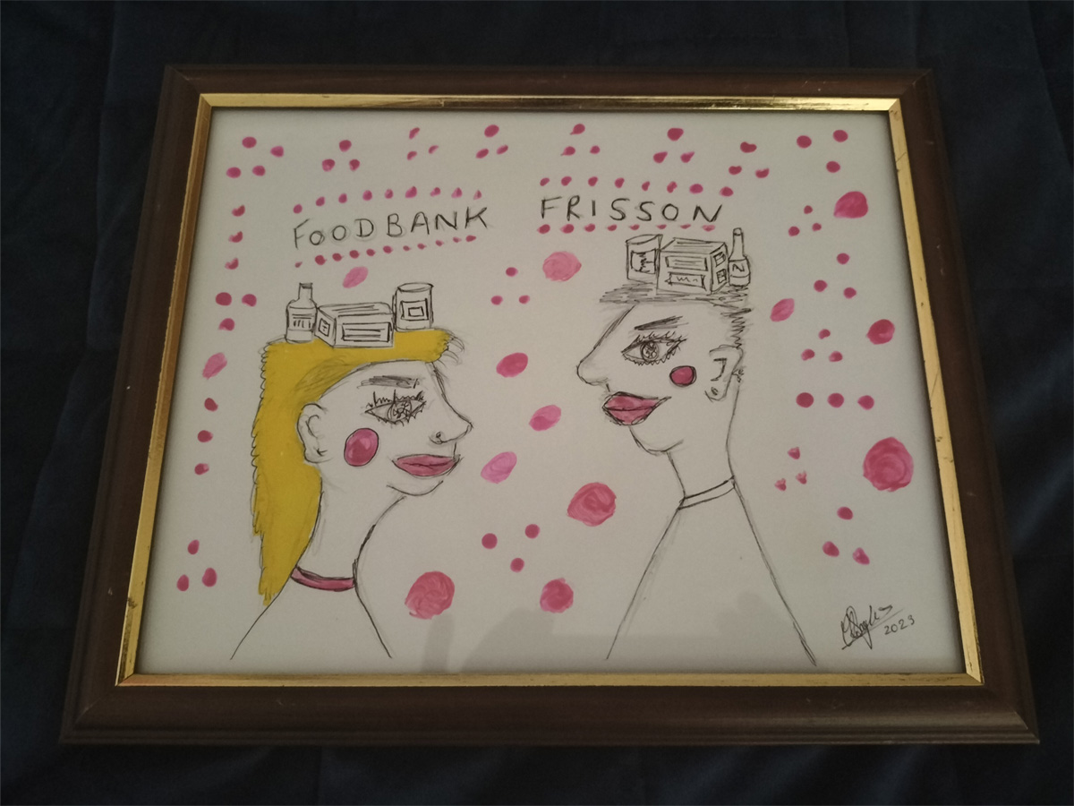 Food bank frisson couple original art work - couple with food bank items on their heads