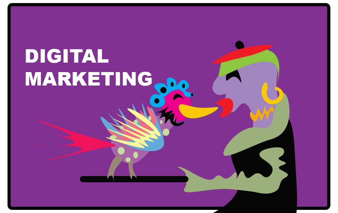 Digital marketing - cartoon graphic of woman and bird on a stick.