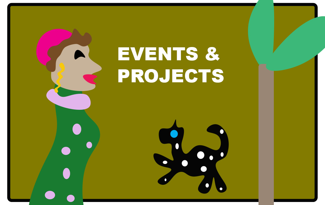 Events and projects - cartoon graphic of a woman, dog and plant