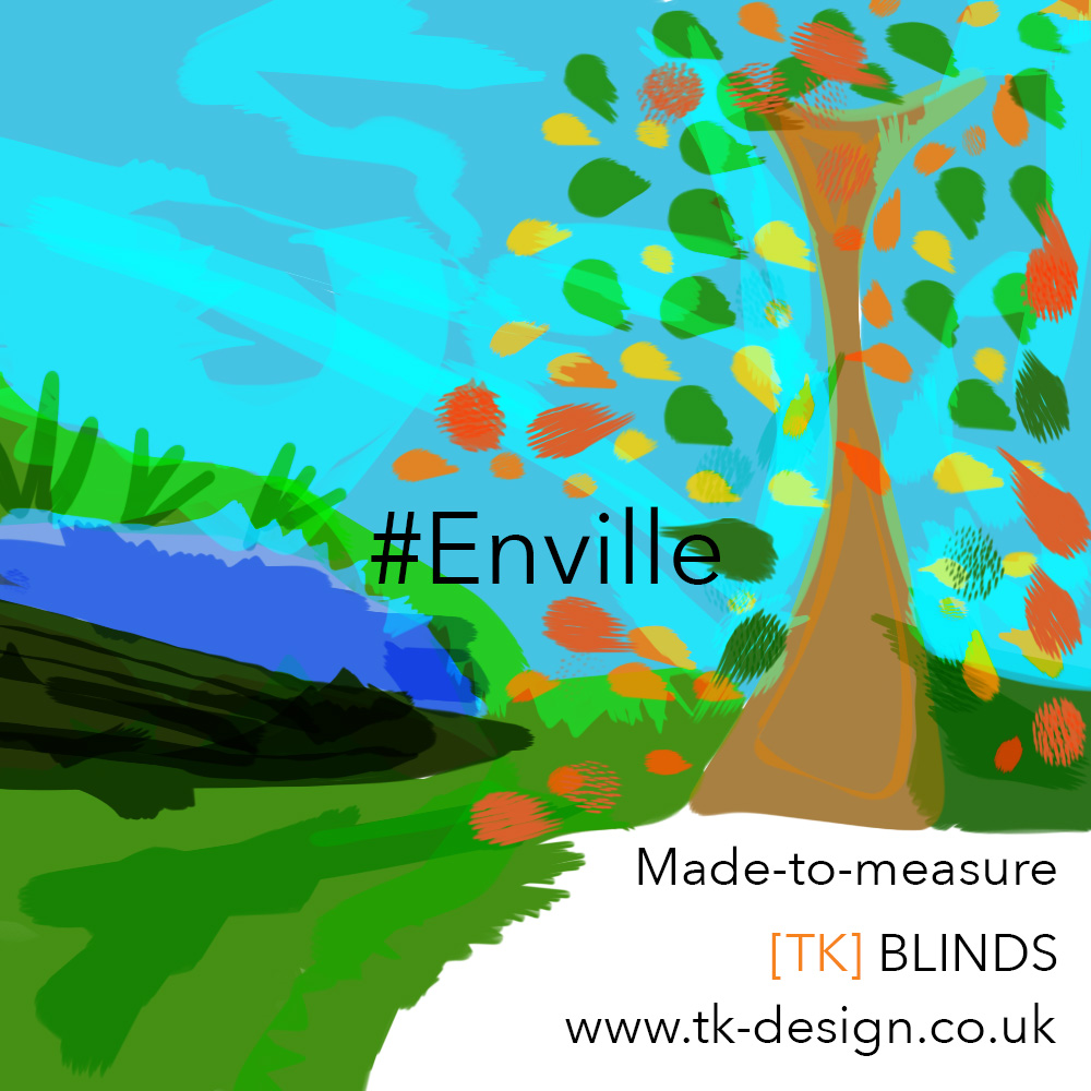 Digital graphic looks like painting for a made to measure blinds business. Tree, grass, countryside