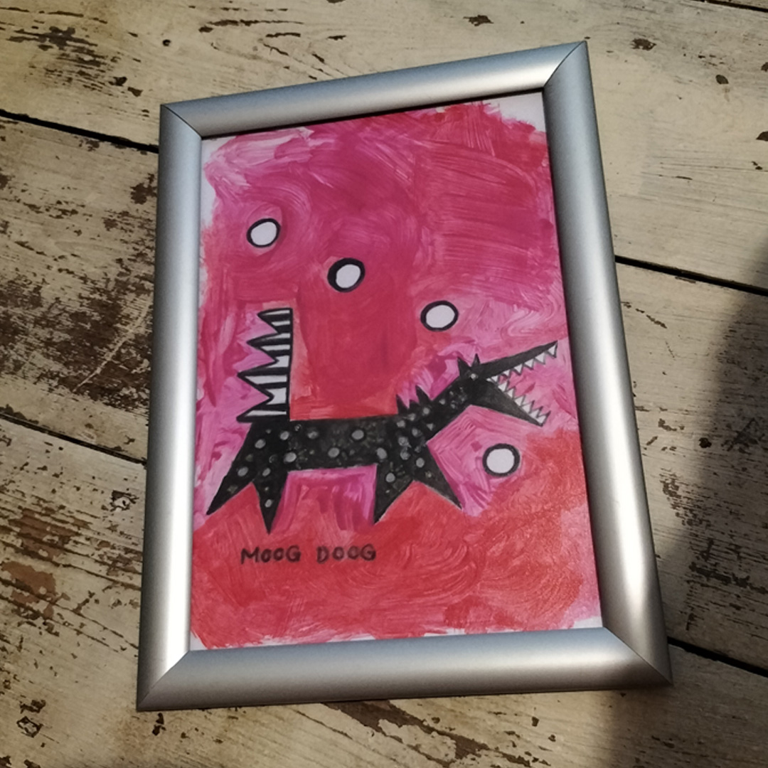 Moog Doog hand painted art A4 in size framed. Referencing the Moog synthesizer in the image of the cartoon-like dog.