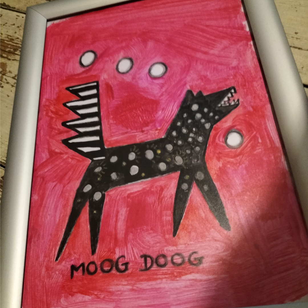 Moog Doog hand painted art A4 in size framed. Referencing the Moog synthesizer in the image of the cartoon-like dog.