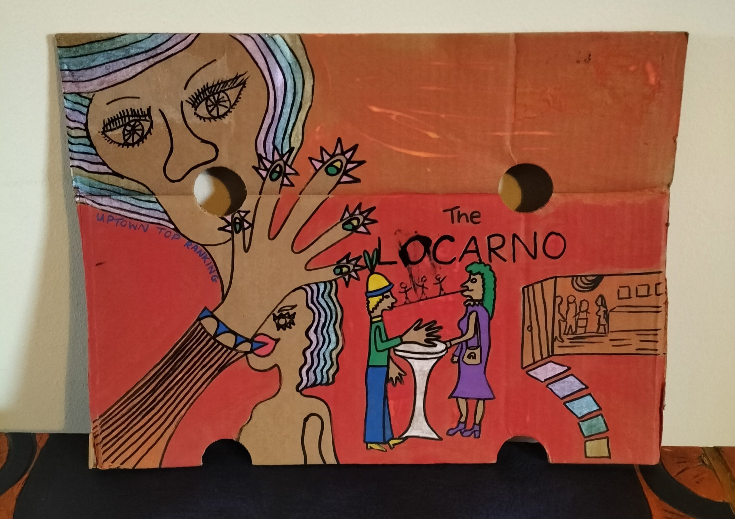 Cardboard art - The Locarno - Birmingham night club. Image of people coming through a door. A couple talking at a table standing up. Two women to the left of the image. The nails on the one woman's hand could look like birds with beaks and spiky hair. Red background.