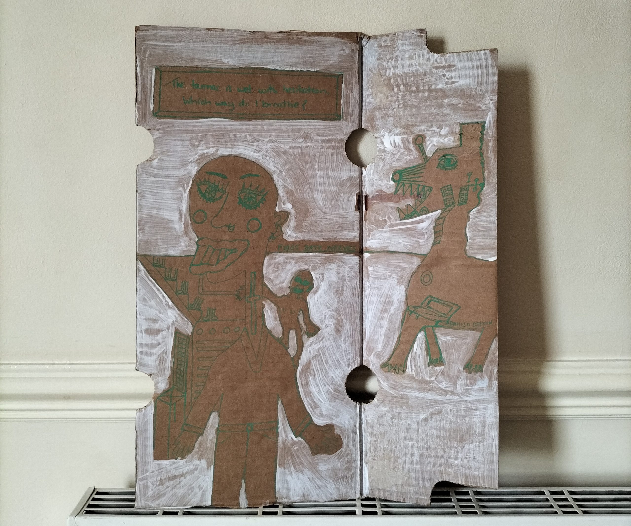 Cardboard art - white background - figures are drawn on the cardboard. Large figure with little figure on their shoulder. Horse type animal on the right of the art work.