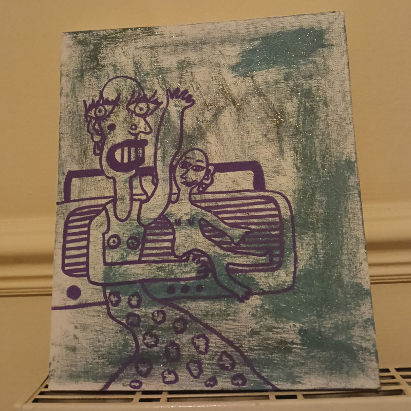 Canvas of two figures with the radio. Smaller image.