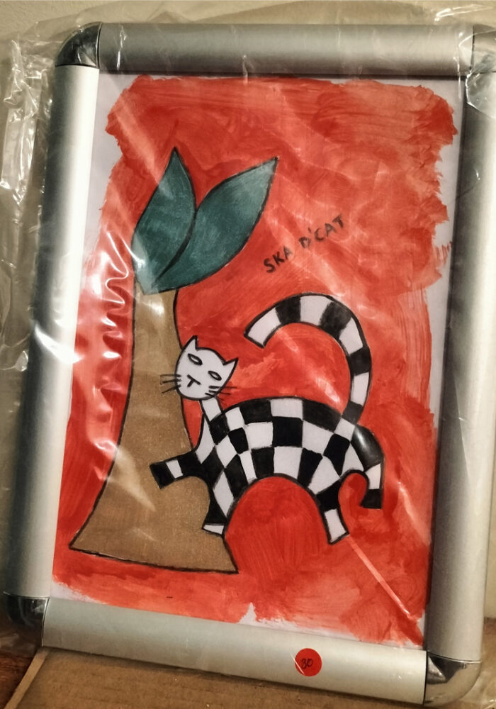 Ska d'cat hand painted original framed. Cat with a tree.