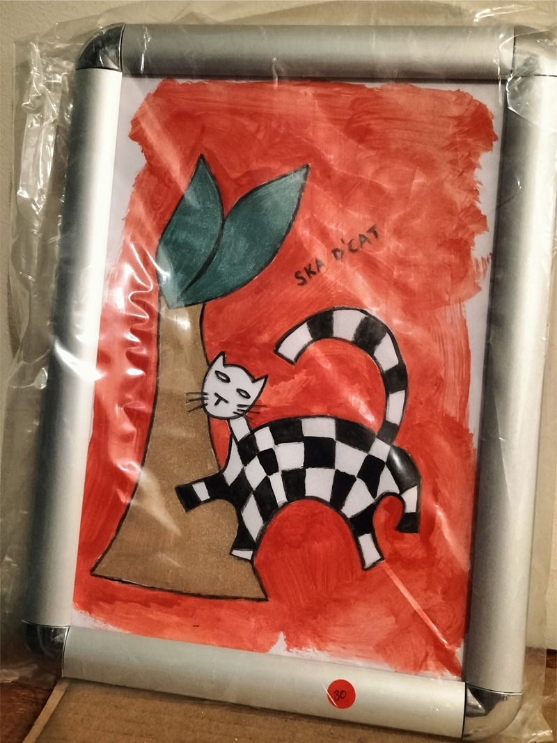 Ska d'cat hand painted original framed. Cat with a tree.
