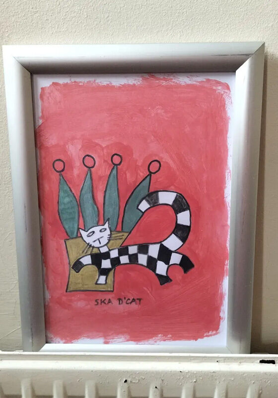 Ska d'cat original painting. Red background, framed. Plant with four leaves and red round flower on top of each leaf. A4.