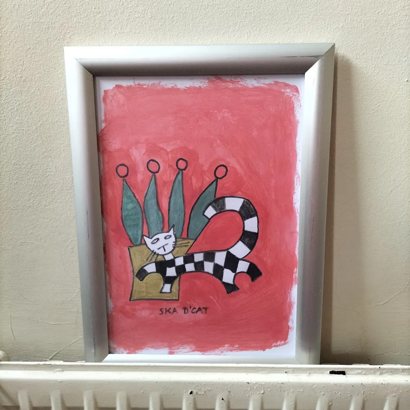 Ska d'cat original painting. Red background, framed. Plant with four leaves and red round flower on top of each leaf. A4.