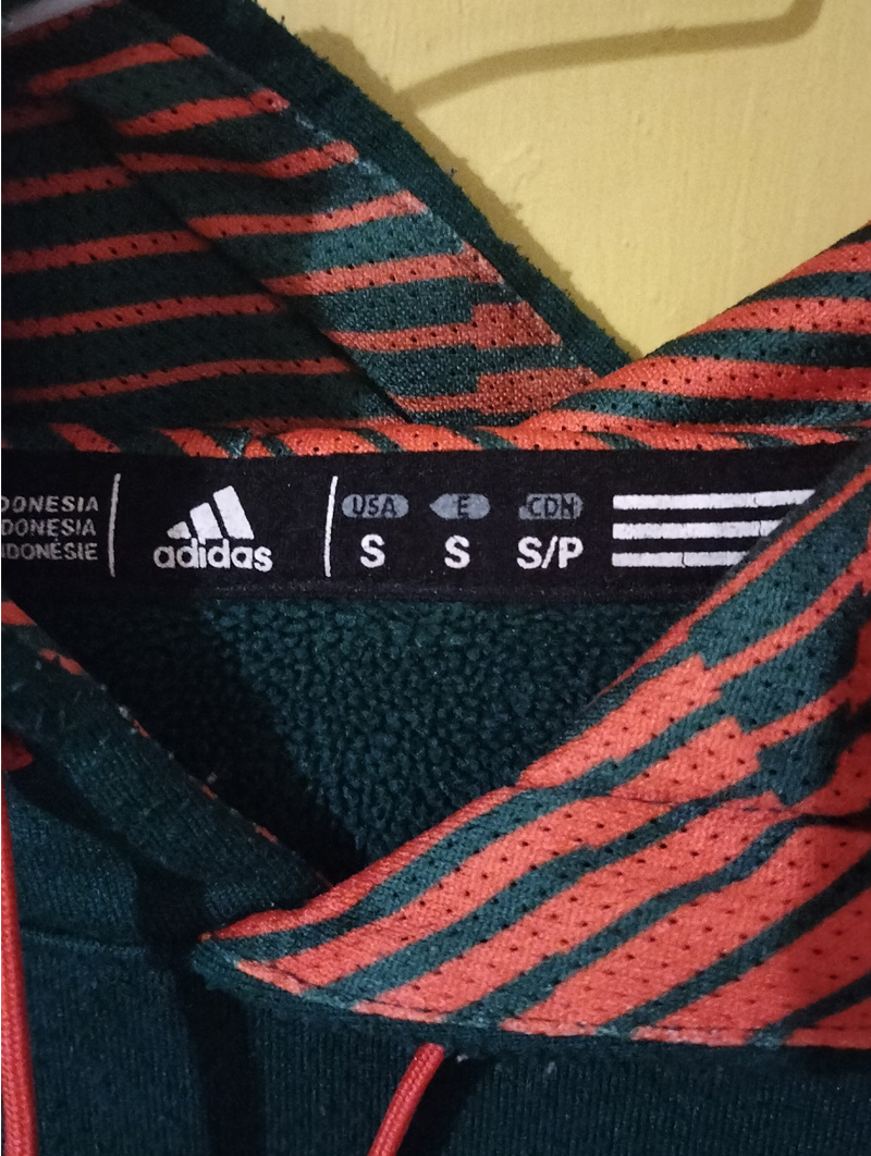 Dark green Adidas hoodie, small. Hand painted front and back and sleeves. Front has some kind of face-like image. The back has a seated figure, a cat and sideboard with a plant on it. On one of the shoulders/arms is a bird and this image also comes onto the back of the shoulder. On the other arm is an abstract dog. All images are outlined in gold paint and part of the art work is filled in with gold paint.