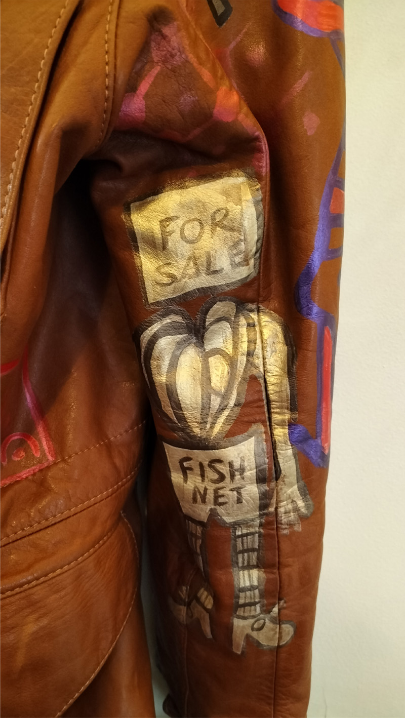 Liam's Old Coat - hand painted vintage parka jacket with hood (brown). Image on a sleeve. For sale in a box and below it a heart with legs and fishnet tights and shoes. The word Fish, next line - net on the pants of the lower body. Vintage Rome Peabody Massachusetts USA Size 42 brown leather hooded parka jacket handpainted one off.