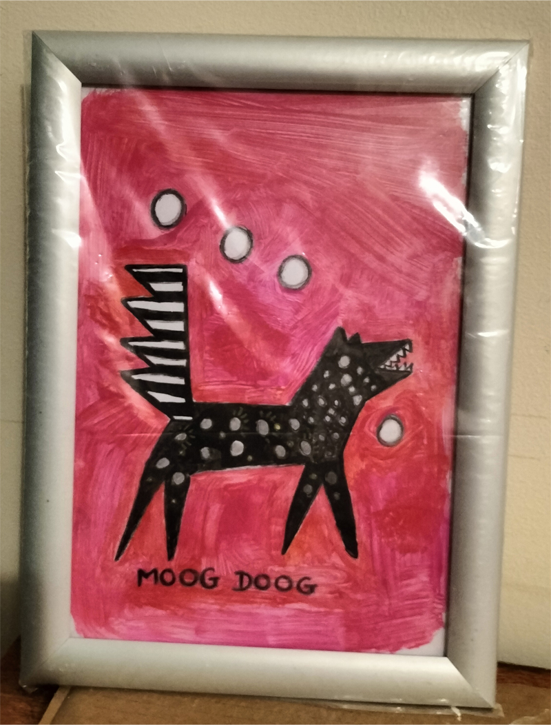 Moog doog broad hand painted art. Illustration which is a dog with a tail like a keyboard and spots on it like the buttons on the Moog Synthesizer. Pink/reddish background and four white circles with black surround. The words "Moog Doog" at the bottom of the image. A longish legged broad dog a bit like a cartoon.