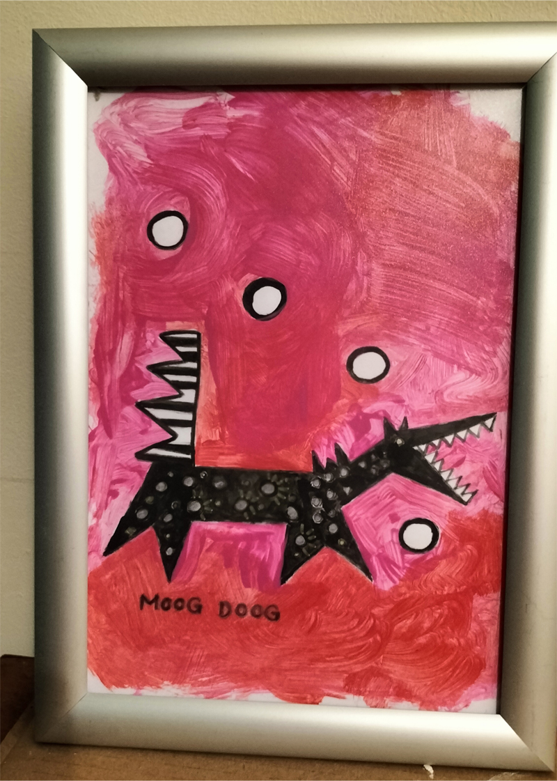 Moog doog slim hand painted art. Illustration which is a dog with a tail like a keyboard and spots on it like the buttons on the Moog Synthesizer. Pink/reddish background and four white circles with black surround. The words "Moog Doog" at the bottom of the image. A short legged slim dog a bit like a cartoon.