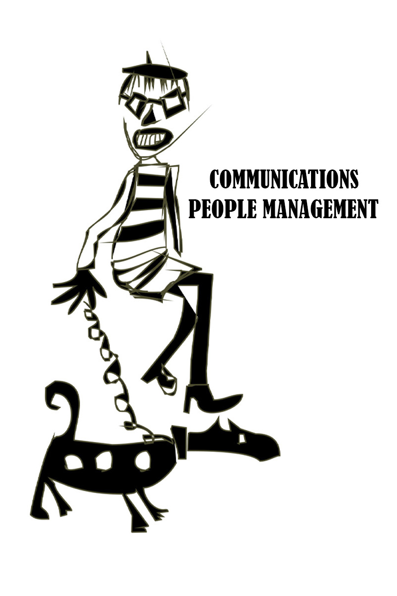 Black and white graphic, punky woman quirky illustration black and white top with dog on lead. Black dog with white spots. Words read Communications and People Management