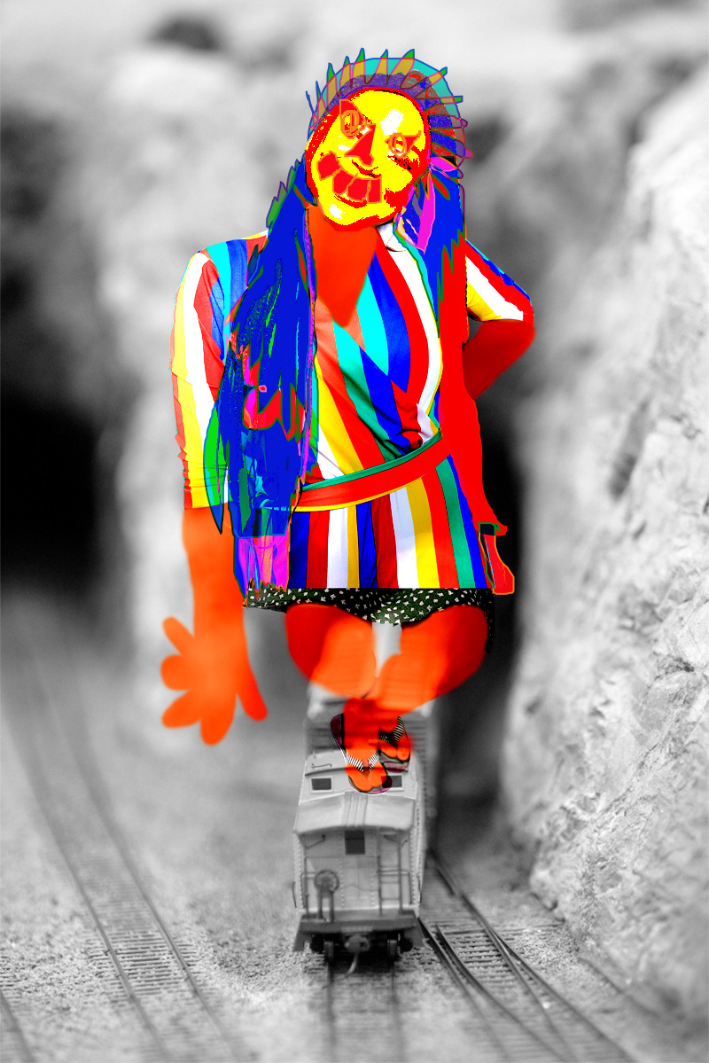 Digital image of woman's upper body matched with the skirt and legs of another women. Colour and face put on the image. The woman is then positioned so that her feet art on the top of a train that has come through a tunnel in rock. It is about getting people on board in a company.