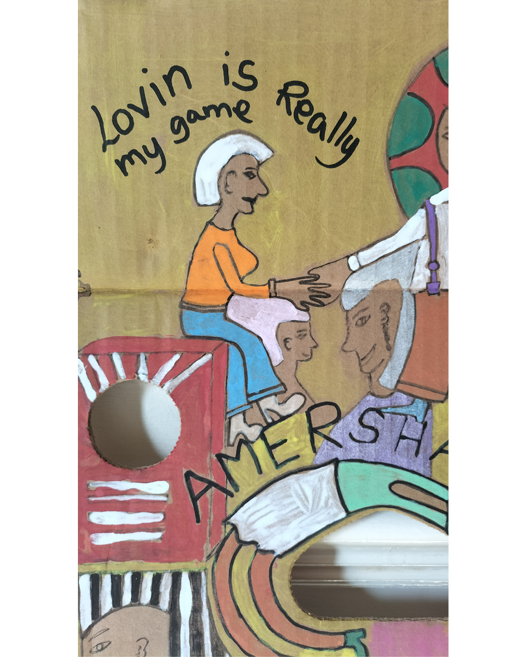 Art work on cardboard. One off. About A3 in size. Square in shape with two round holes (one on each side) and another kidney shaped hole in the middle of the card. The top left and right side of the card are like they have had a semi circle removed. Background: bottom two thirds is pink, top third is yellow (dull) Two images like music speakers around each of the round holes. Male figure to the bottom left, head and shounders. Woman backbending around the kidney shaped hole in the middle of the card. The word Amersham above the women and Arms to the right of her arms. The word Poo after Amersham so that it reads Shampoo. Woman sat on the left speaker and the words Lovin is really my game abve her. Referencing Studio 54 in New York (famous nightclub). Male figure to the right of the woman and two faces one under the woman on the left and the other under the man on the right. The art work is about a live music venue in South East London, the Amersham Arms.