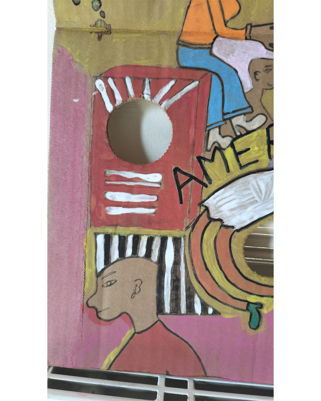 Art work on cardboard. One off. About A3 in size. Square in shape with two round holes (one on each side) and another kidney shaped hole in the middle of the card. The top left and right side of the card are like they have had a semi circle removed. Background: bottom two thirds is pink, top third is yellow (dull) Two images like music speakers around each of the round holes. Male figure to the bottom left, head and shounders. Woman backbending around the kidney shaped hole in the middle of the card. The word Amersham above the women and Arms to the right of her arms. The word Poo after Amersham so that it reads Shampoo. Woman sat on the left speaker and the words Lovin is really my game abve her. Referencing Studio 54 in New York (famous nightclub). Male figure to the right of the woman and two faces one under the woman on the left and the other under the man on the right. The art work is about a live music venue in South East London, the Amersham Arms.