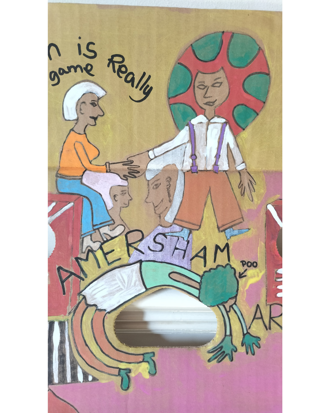 Art work on cardboard. One off. About A3 in size. Square in shape with two round holes (one on each side) and another kidney shaped hole in the middle of the cards. The top left and right side of the card are like they have had a semi circle removed. Background: bottom two thirds is pink, top third is yellow (dull) Two images like music speakers around each of the round holes. Male figure to the bottom left, head and shounders. Woman backbending around the kidney shaped hole in the middle of the card. The word Amersham above the women and Arms to the right of her arms. The word Poo after Amersham so that it reads Shampoo. Woman sat on the left speaker and the words Lovin is really my game abve her. Referencing Studio 54 in New York (famous nightclub). Male figure to the right of the woman and two faces one under the woman on the left and the other under the man on the right. The art work is about a live music venue in South East London, the Amersham Arms.Art work on cardboard. One off. About A3 in size. Square in shape with two round holes (one on each side) and another kidney shaped hole in the middle of the card. The top left and right side of the card are like they have had a semi circle removed. Background: bottom two thirds is pink, top third is yellow (dull) Two images like music speakers around each of the round holes. Male figure to the bottom left, head and shounders. Woman backbending around the kidney shaped hole in the middle of the card. The word Amersham above the women and Arms to the right of her arms. The word Poo after Amersham so that it reads Shampoo. Woman sat on the left speaker and the words Lovin is really my game abve her. Referencing Studio 54 in New York (famous nightclub). Male figure to the right of the woman and two faces one under the woman on the left and the other under the man on the right. The art work is about a live music venue in South East London, the Amersham Arms.