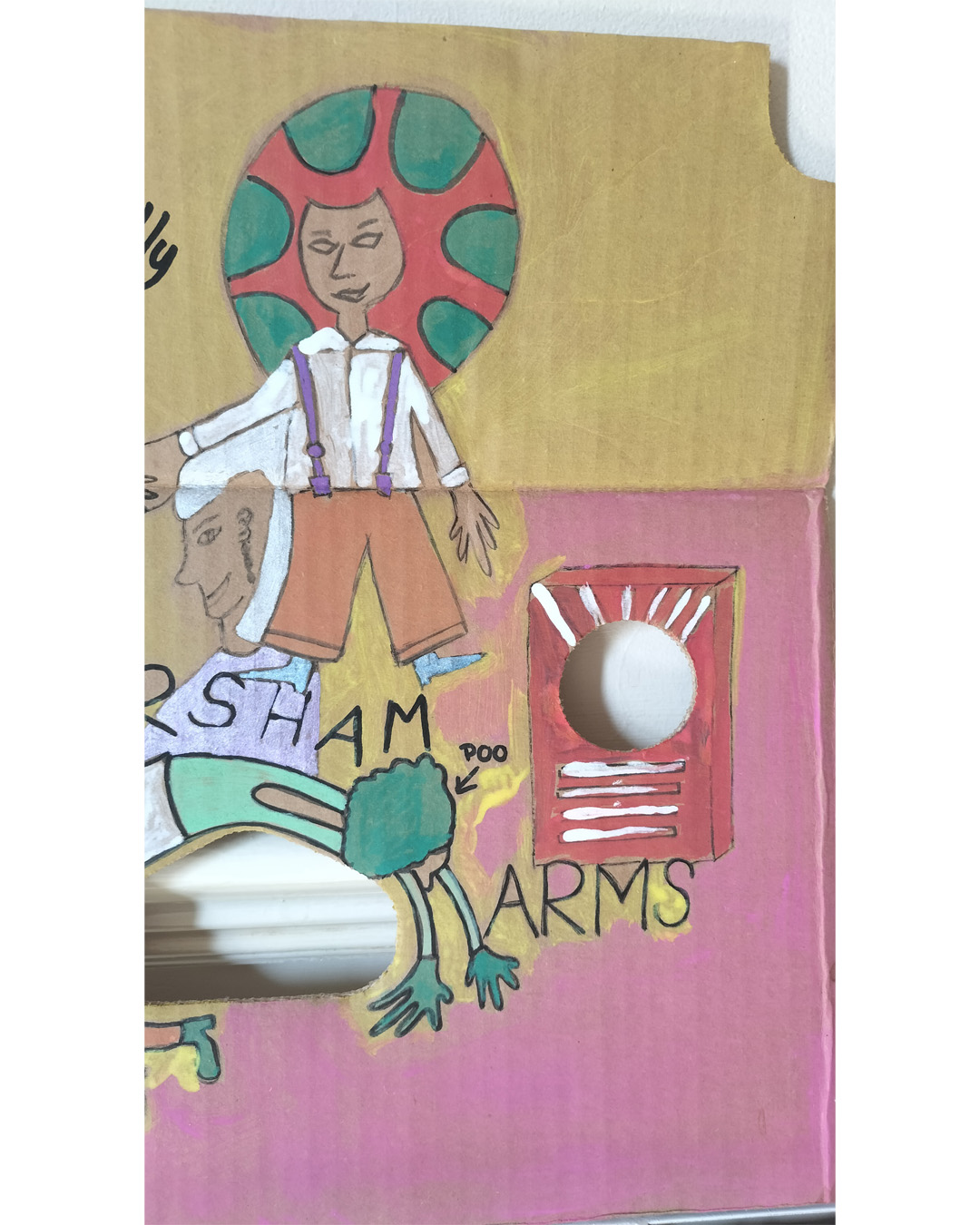 Art work on cardboard. One off. About A3 in size. Square in shape with two round holes (one on each side) and another kidney shaped hole in the middle of the card. The top left and right side of the card are like they have had a semi circle removed. Background: bottom two thirds is pink, top third is yellow (dull) Two images like music speakers around each of the round holes. Male figure to the bottom left, head and shounders. Woman backbending around the kidney shaped hole in the middle of the card. The word Amersham above the women and Arms to the right of her arms. The word Poo after Amersham so that it reads Shampoo. Woman sat on the left speaker and the words Lovin is really my game abve her. Referencing Studio 54 in New York (famous nightclub). Male figure to the right of the woman and two faces one under the woman on the left and the other under the man on the right. The art work is about a live music venue in South East London, the Amersham Arms.