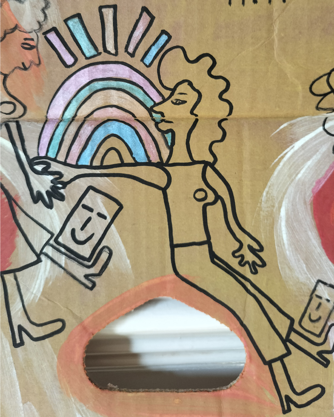 Art work on cardboard. One off. About A3 in size. Square in shape with two round holes (one on each side) and another kidney shaped hole in the middle of the card. The top left and right side of the card are like they have had a semi circle removed. Background: white and orange paint in parts as well as red paint. Two women holding hands, one reaching out to the other. One looks like she is sat on a tall object with a kind of mosaic surface. A bit like a tower. A kind of Pharoah-like figure at the top right of the art work. Blue and pink objects forming some kind of arch and then some oblong shapes above. Colours are alternated throughout. A little card shape with a smiling face near the one foot of each of the women. The art work is about a live music venue in South East London, the New Cross Inn.