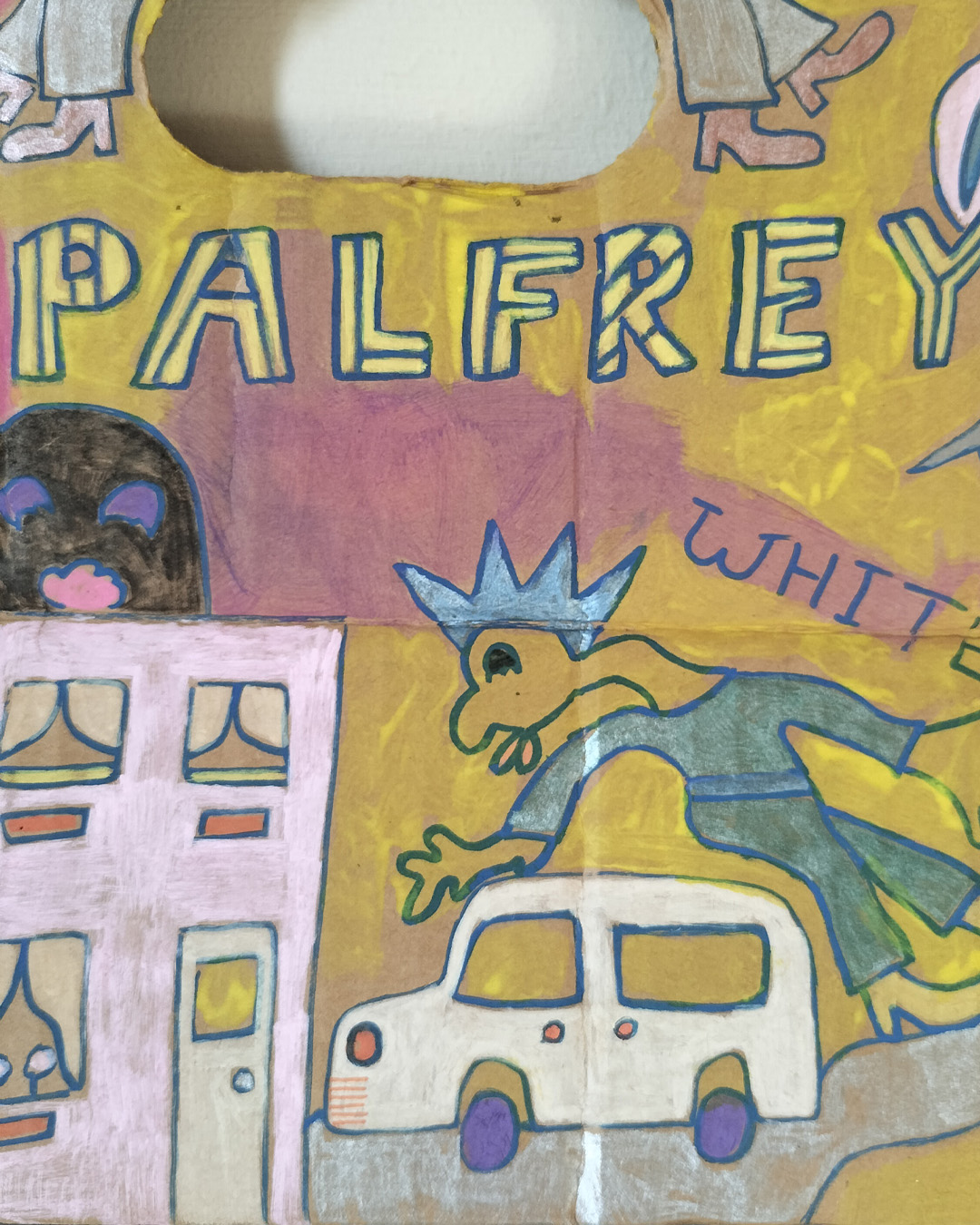 Art work on cardboard. One off. About A3 in size. Square in shape. Two round holes (one on each side) and another kidney shaped hole in the middle of the card. Background: pink and yellow in different areas. Row of houses white van and a man leaning over the van. Little path and the words White Van Man. Muslim woman on left of work. Stalk leading to hole in the cardboard and petals around the hole on both sides. Two figures sat back to back around the kidney shaped hole. The words Trojan Horse on the left of the work and Love is in the Air on the right of the work. The word Palfrey in big lettering in the middle. A bird looking up at one of the figures and a woman at the right of the image. Palfrey is an area near Walsall, West Midlands UK.