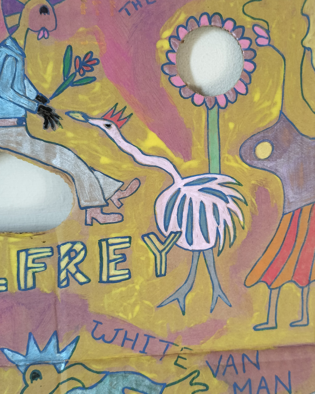 Art work on cardboard. One off. About A3 in size. Square in shape. Two round holes (one on each side) and another kidney shaped hole in the middle of the card. Background: pink and yellow in different areas. Row of houses white van and a man leaning over the van. Little path and the words White Van Man. Muslim woman on left of work. Stalk leading to hole in the cardboard and petals around the hole on both sides. Two figures sat back to back around the kidney shaped hole. The words Trojan Horse on the left of the work and Love is in the Air on the right of the work. The word Palfrey in big lettering in the middle. A bird looking up at one of the figures and a woman at the right of the image. Palfrey is an area near Walsall, West Midlands UK.