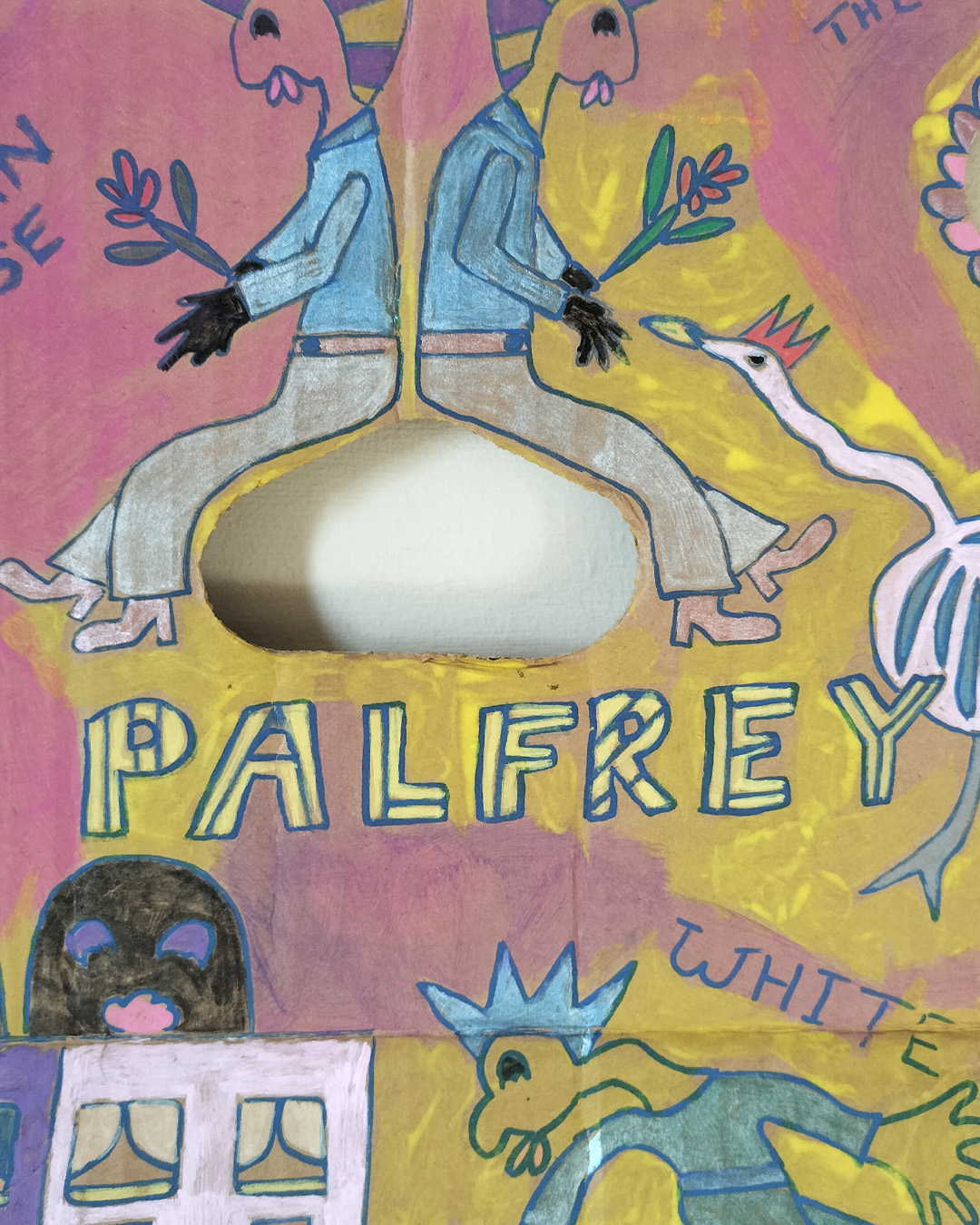 Art work on cardboard. One off. About A3 in size. Square in shape. Two round holes (one on each side) and another kidney shaped hole in the middle of the card. Background: pink and yellow in different areas. Row of houses white van and a man leaning over the van. Little path and the words White Van Man. Muslim woman on left of work. Stalk leading to hole in the cardboard and petals around the hole on both sides. Two figures sat back to back around the kidney shaped hole. The words Trojan Horse on the left of the work and Love is in the Air on the right of the work. The word Palfrey in big lettering in the middle. A bird looking up at one of the figures and a woman at the right of the image. Palfrey is an area near Walsall, West Midlands UK.