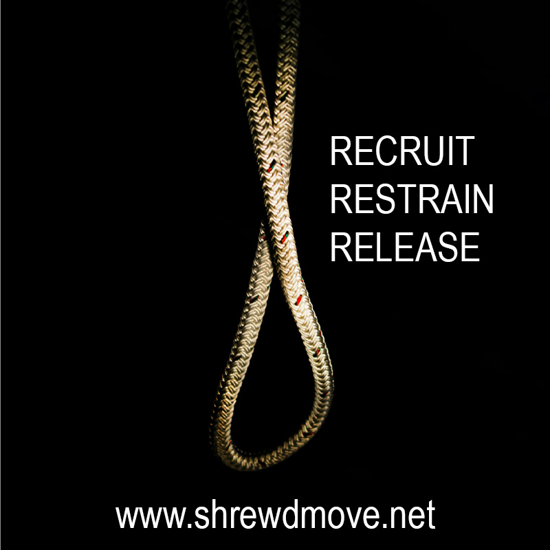 Image of a noose against a black background. Text reads Recruit, Restrain, Release. www.shrewdmove.net this is about HR management and digital marketing services.
