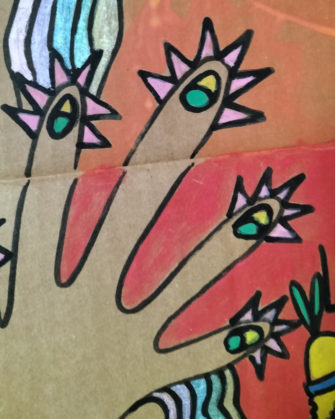 Close up of hand where tips of fingers look like spiky hair and beak of a bird and then the nail looks like an eye and eyelid (not detailed). The Locarno cardboard art about A3 in size. The Locarno was a nightclub in Birmingham and there were Locarno nightclubs across England. This is a scene with a woman's face in top left of cardboard where a hole is her mouth and the words Uptown Top Ranking run under her hairline and around her chin and neck. The hand of the woman is coming up from the bottom left of the cardboard and the fingers are extended and look like chickens with spikey hair and a beak around each finger and the nail looks like an eyeball with eyelid (not detailed). There is the words The Locarno on the piece and a man and woman standing talking at a tall table. There is another woman under the hand where you only see part of her face. To the right of the image is a doorway and it looks like inside a room with slabs for stairway leading there. This is only small on the right side of the cardboard. Background is pink for the bottom two thirds of the cardboard and a kind of orange for the top third of the card.