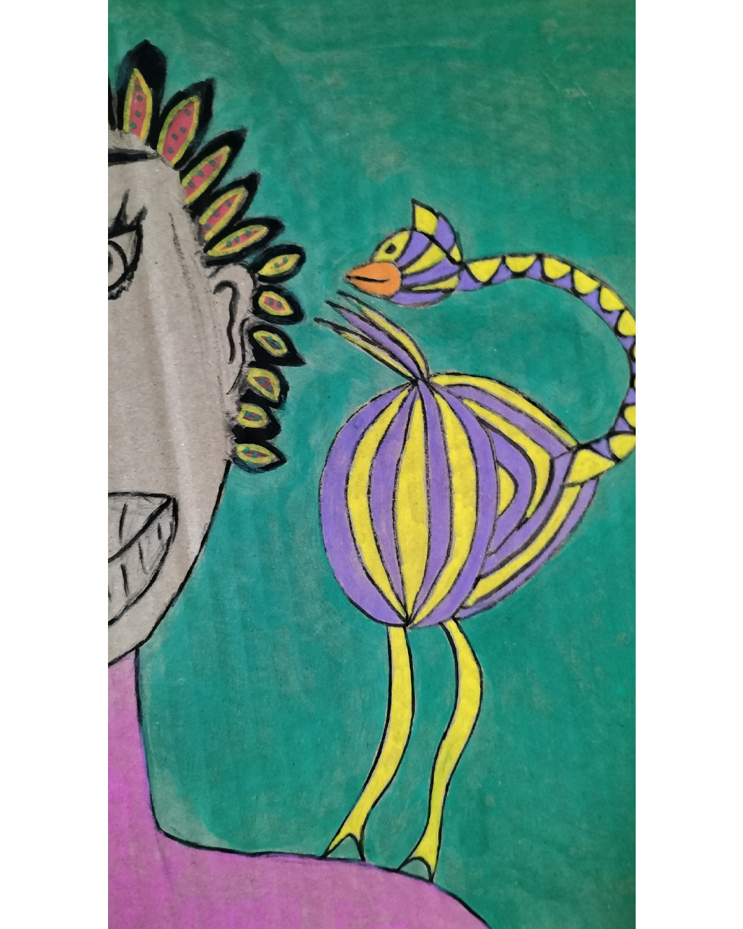 One-off art work on A3 cardboard. Green background. Black woman on the left of the image. Pink top. Hair in individual almond shapes around the head with black surround yellow and red inside with green dots. Purple and yellow bird on the woman’s shoulder. Lots of space to the right of the image.