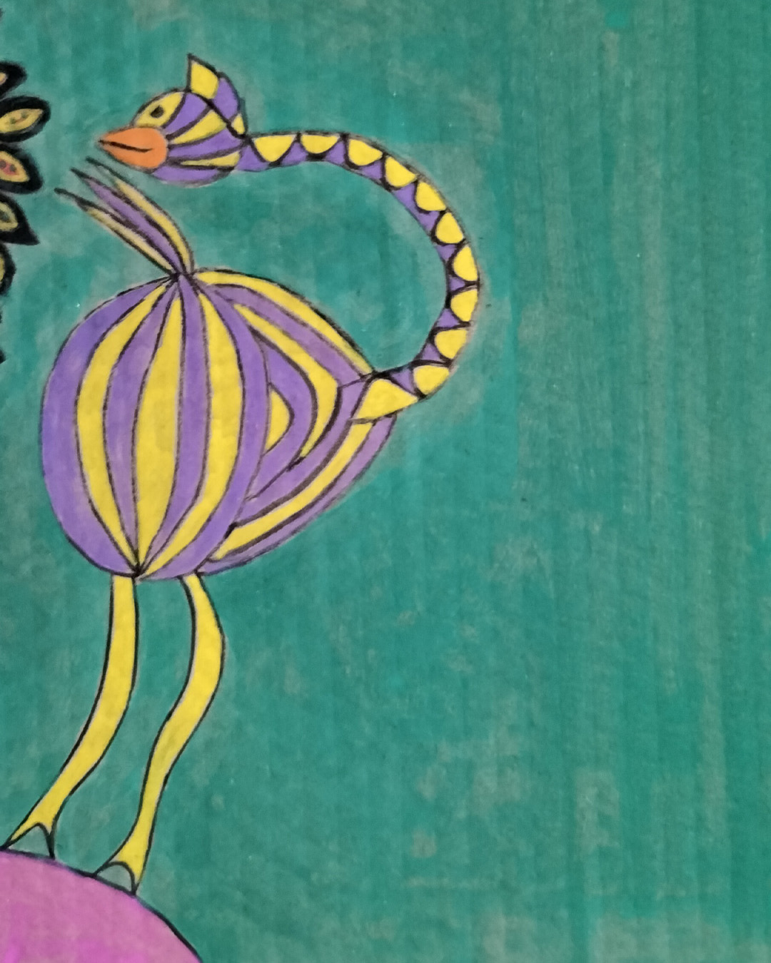 One-off art work on A3 cardboard. Green background. Black woman on the left of the image. Pink top. Hair in individual almond shapes around the head with black surround yellow and red inside with green dots. Purple and yellow bird on the woman’s shoulder. Lots of space to the right of the image.