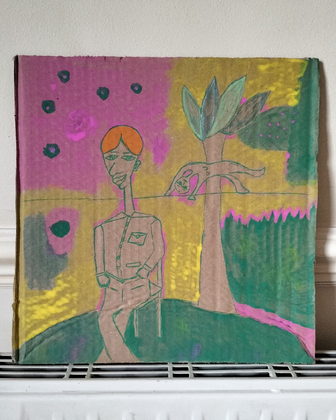 Mixed colour background pink, yellow and green. Indian boy sits on a chair. Orange hair, long neck. Shirt with pocket, legs crossed. Awkward angles. Small figure upside down in front of a tree floating in the air like a backbend above a thin line which could be a tightrope. Background colours are in patches and there are a few spots on the art work. One off piece on cardboard. Between A4 and A3 in size.