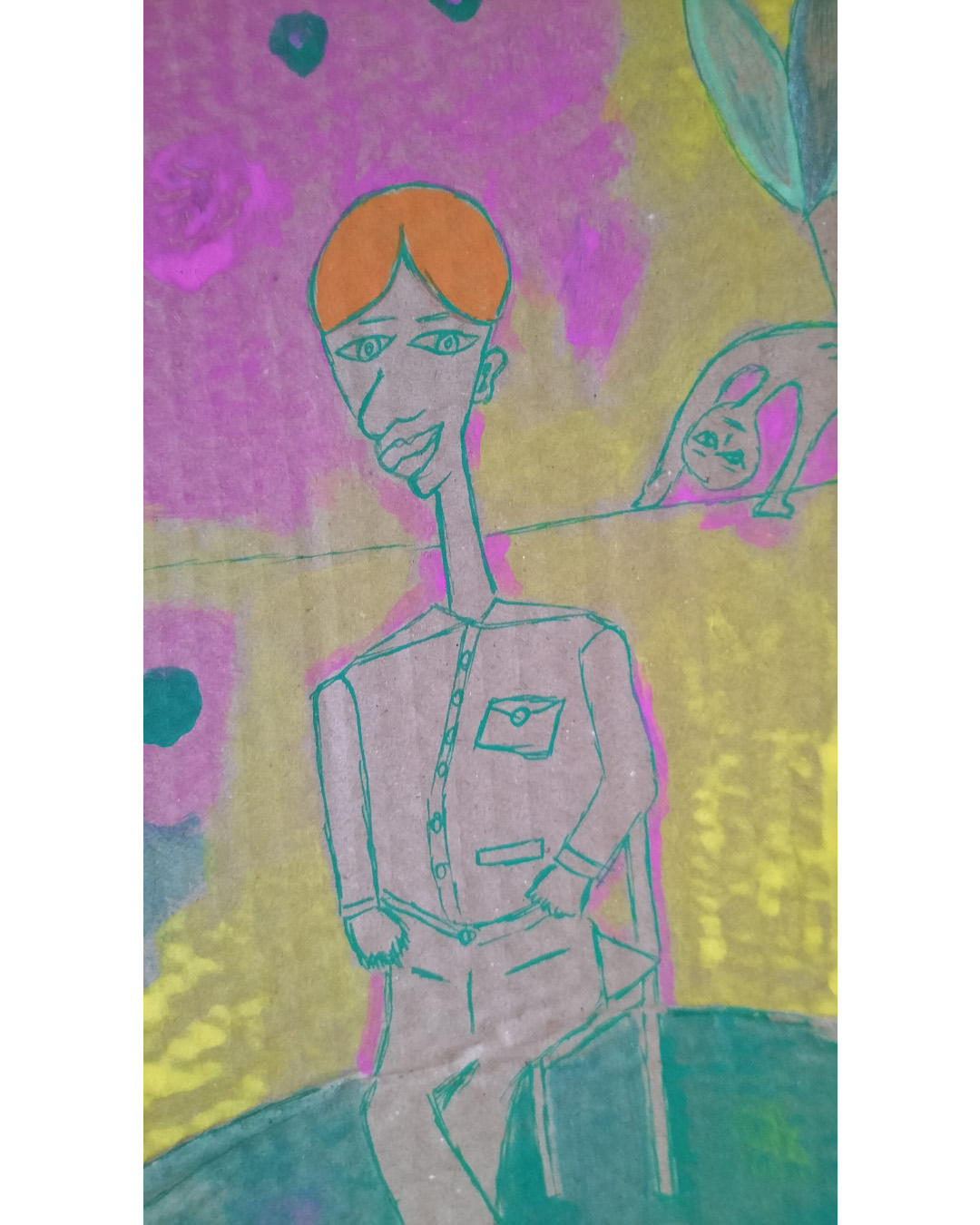 Mixed colour background pink, yellow and green. Indian boy sits on a chair. Orange hair, long neck. Shirt with pocket, legs crossed. Awkward angles. Small figure upside down in front of a tree floating in the air like a backbend above a thin line which could be a tightrope. Background colours are in patches and there are a few spots on the art work. One off piece on cardboard. Between A4 and A3 in size.