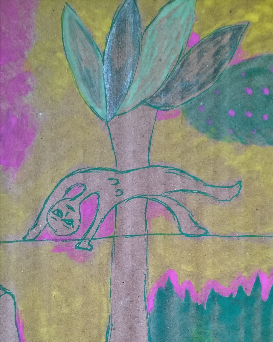 Mixed colour background pink, yellow and green. Indian boy sits on a chair. Orange hair, long neck. Shirt with pocket, legs crossed. Awkward angles. Small figure upside down in front of a tree floating in the air like a backbend above a thin line which could be a tightrope. Background colours are in patches and there are a few spots on the art work. One off piece on cardboard. Between A4 and A3 in size.