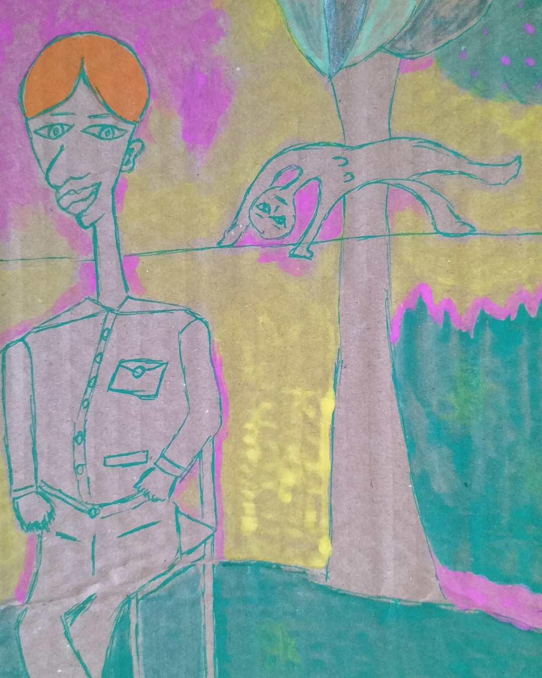 Mixed colour background pink, yellow and green. Indian boy sits on a chair. Orange hair, long neck. Shirt with pocket, legs crossed. Awkward angles. Small figure upside down in front of a tree floating in the air like a backbend above a thin line which could be a tightrope. Background colours are in patches and there are a few spots on the art work. One off piece on cardboard. Between A4 and A3 in size.