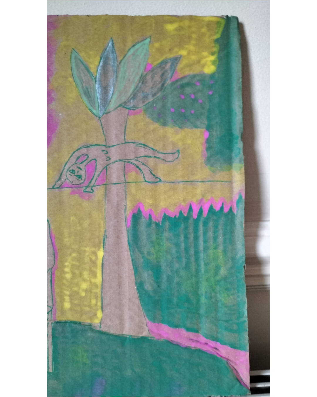 Mixed colour background pink, yellow and green. Indian boy sits on a chair. Orange hair, long neck. Shirt with pocket, legs crossed. Awkward angles. Small figure upside down in front of a tree floating in the air like a backbend above a thin line which could be a tightrope. Background colours are in patches and there are a few spots on the art work. One off piece on cardboard. Between A4 and A3 in size.