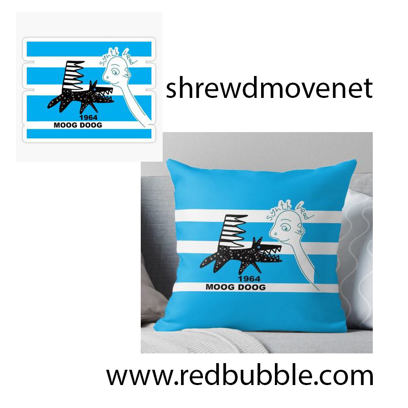 Moog Doog on Redbubble.com two screenshots of Moog Doog 1964 Synth Head on a sticker and on a cushion. Background is light blue and white stripes. The words 1964 above Moog Doog are on the design. The Moog Doog is a cartoon-like dog with a black body and circles and dots on the body representing the dials on the Moog Synthesizer. The tail of the dog is black and white like a keyboard and has a flat side and zig zag side. To the right of the dog is a cartoon like head on a long neck with the words synth head above the head. This is an outline illustration with white inside.