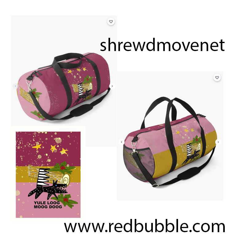 Moog Doog on Redbubble.com three screenshots of Yule Loog Moog Doog design. Two on both sides of a holdall and an image of the print. The design has three background colours, burgundy at the top, mustard in the middle and pink at the bottom. There are splashes and stars scattered across the image. The Moog Doog is a cartoon-like dog with a black body and circles and dots on the body representing the dials on the Moog Synthesizer. The tail of the dog is black and white like a keyboard and has a flat side and zig zag side. There is a Yule Log behind the dog with a couple of pieces of holly (green leaves with red berries on them). The words Yule Loog Moog Doog appear on the design.