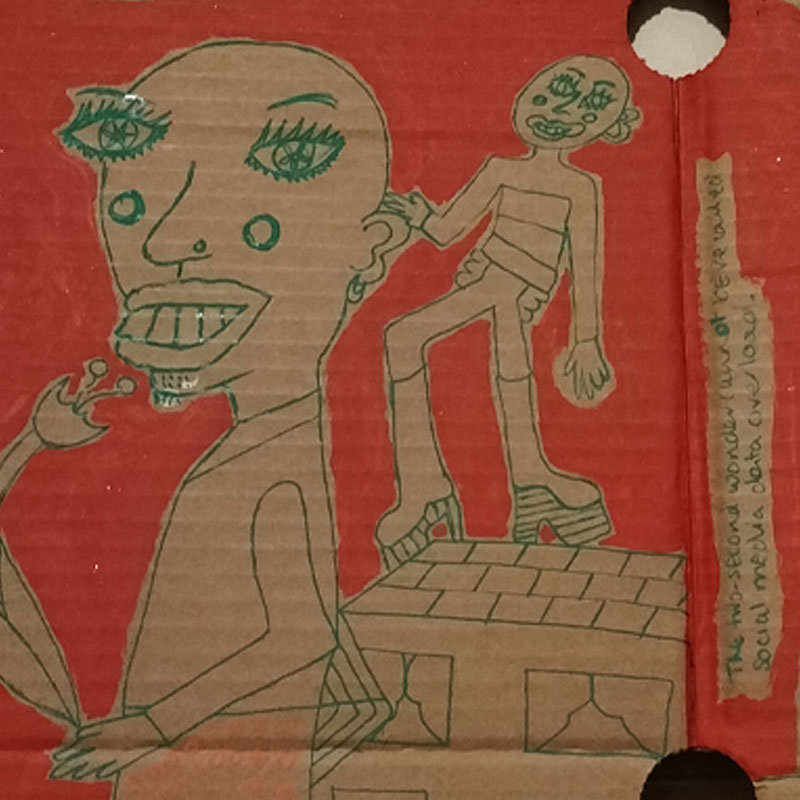 Happy hour card board art. A3. Red background. Bald face and upper body of larger figure and smaller figure to the right. Could be alter ego, childhood memories, that little tap on the shoulder, that type of thing.