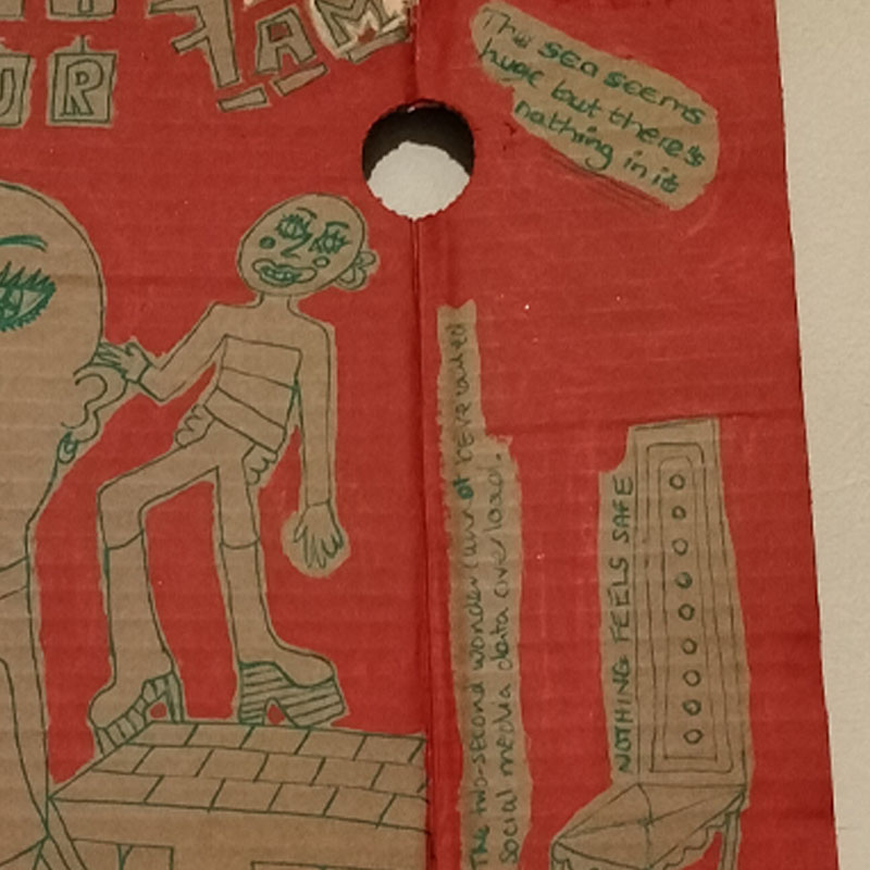 Happy hour cardboard art A3 - close up small figure standing on building and hand above ear of larger figure.