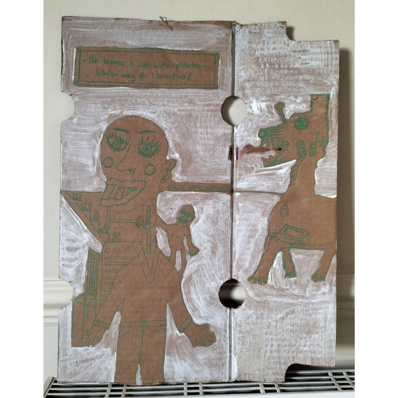 A3 art work on cardboard. Large figure on the left with a chair with a high back next to them. It looks like stairs with lower legs and feet on each step on the left. White background and the figures are not filled in. Small figure on the shoulder of the larger figure. Dog-like figure on the right side with words Danish Design inside the dog and a little sofa. Words at the top left of the work read The tarmac is wet with hesitation. Which way do I breathe? Quirky art style. Bald figures big lips and teeth.