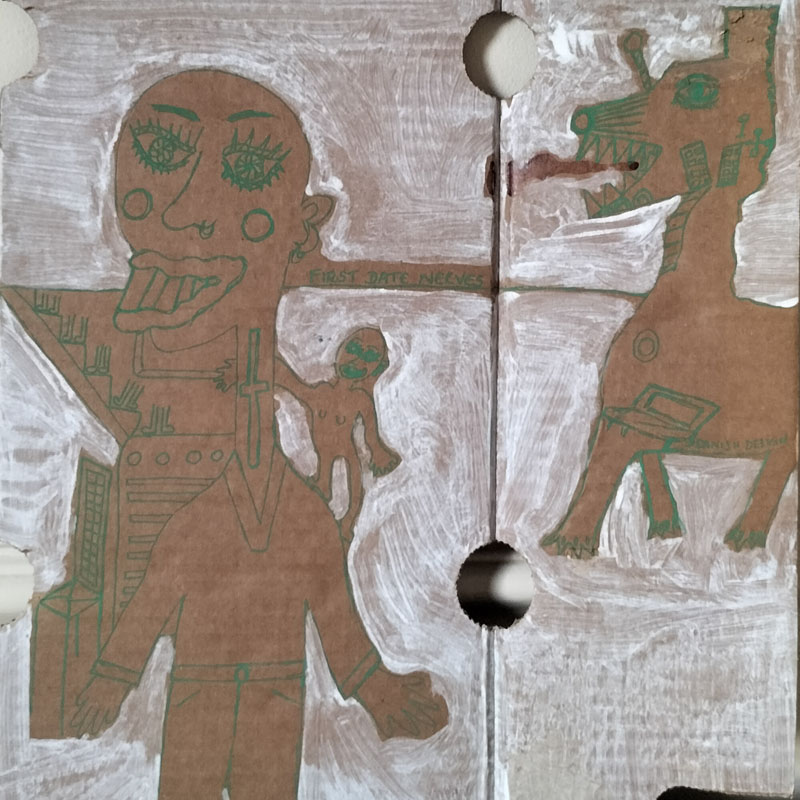 A3 art work on cardboard. Large figure on the left with a chair with a high back next to them. It looks like stairs with lower legs and feet on each step on the left. White background and the figures are not filled in. Small figure on the shoulder of the larger figure. Dog-like figure on the right side with words Danish Design inside the dog and a little sofa. Words at the top left of the work read The tarmac is wet with hesitation. Which way do I breathe? Quirky art style. Bald figures big lips and teeth.