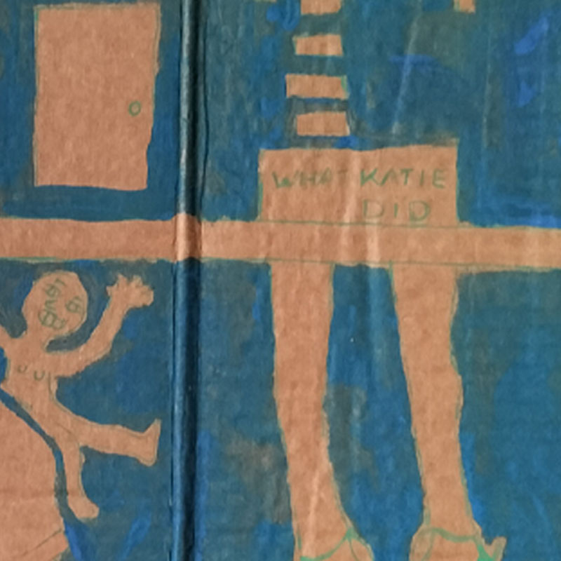 What Katie did cardboard art. A3. Large figure on left lifting a weight. Bald head. Quirky drawing. Small figure on shoulder waving. Could be alter ego, could be a memory or that little niggling thought. Image has a horizontal strip across it, not high. On the right of image lower half of woman's body. Reads "What Katie did" on the area for pants and below legs with ankle high bootgs/shoes. Reads Pop Up above and a hole in the cardboard where the O is. There a door above the line too. Blue backgound and figure and drawing do not have any colour inside, just outlines. One-off.